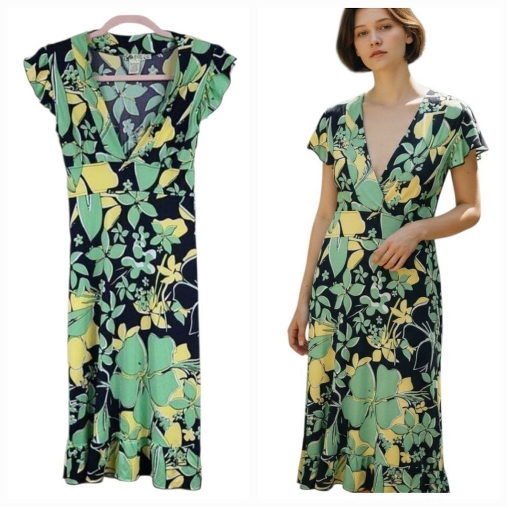 Split Skate/Surf Floral Print Flutter Sleeve Stretchy Knit V-Neck Dress Summer